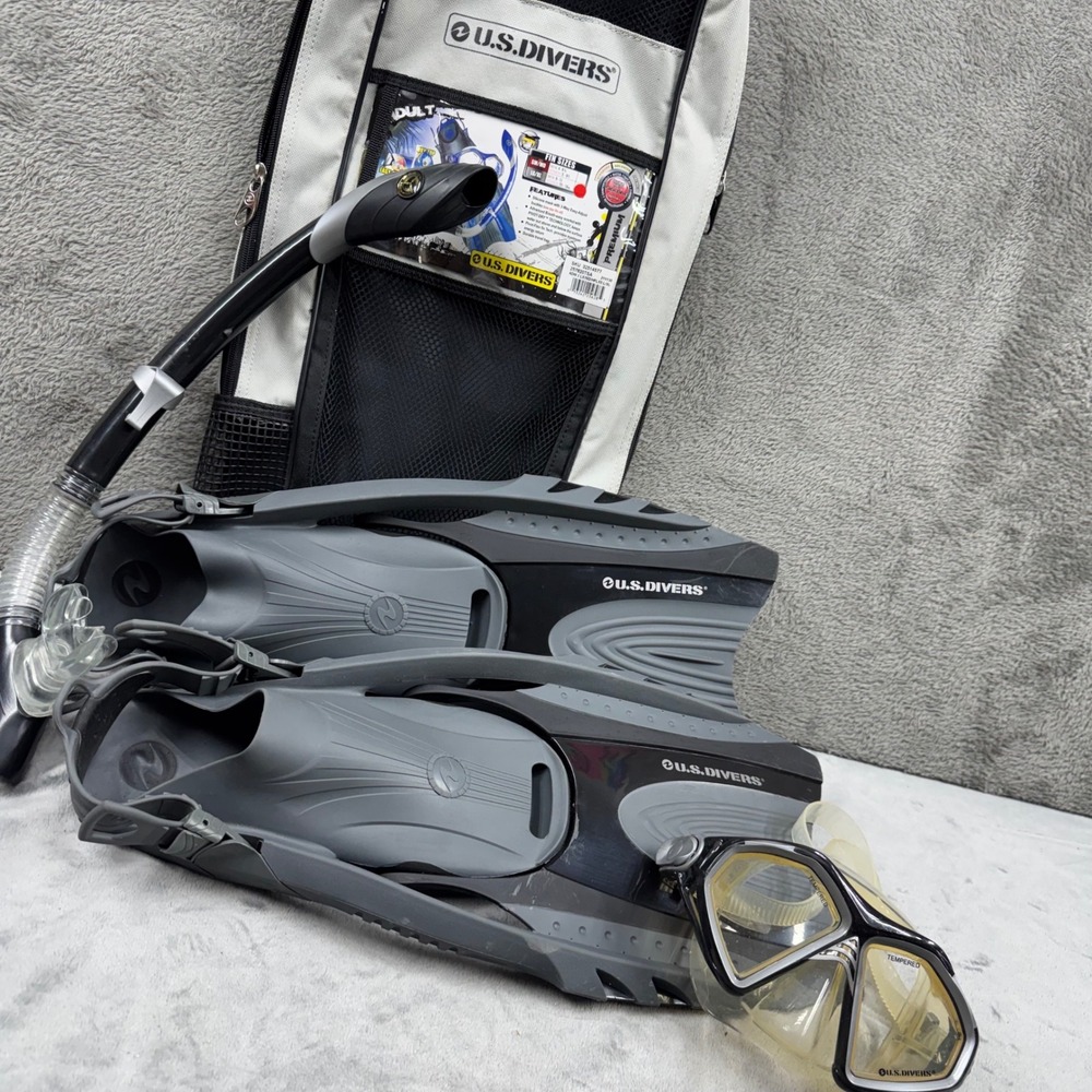 U.S. Divers Snorkel Set Mens L/XL Gray Good Mask Fins Snorkel Bag‎ 4-Piece Kit